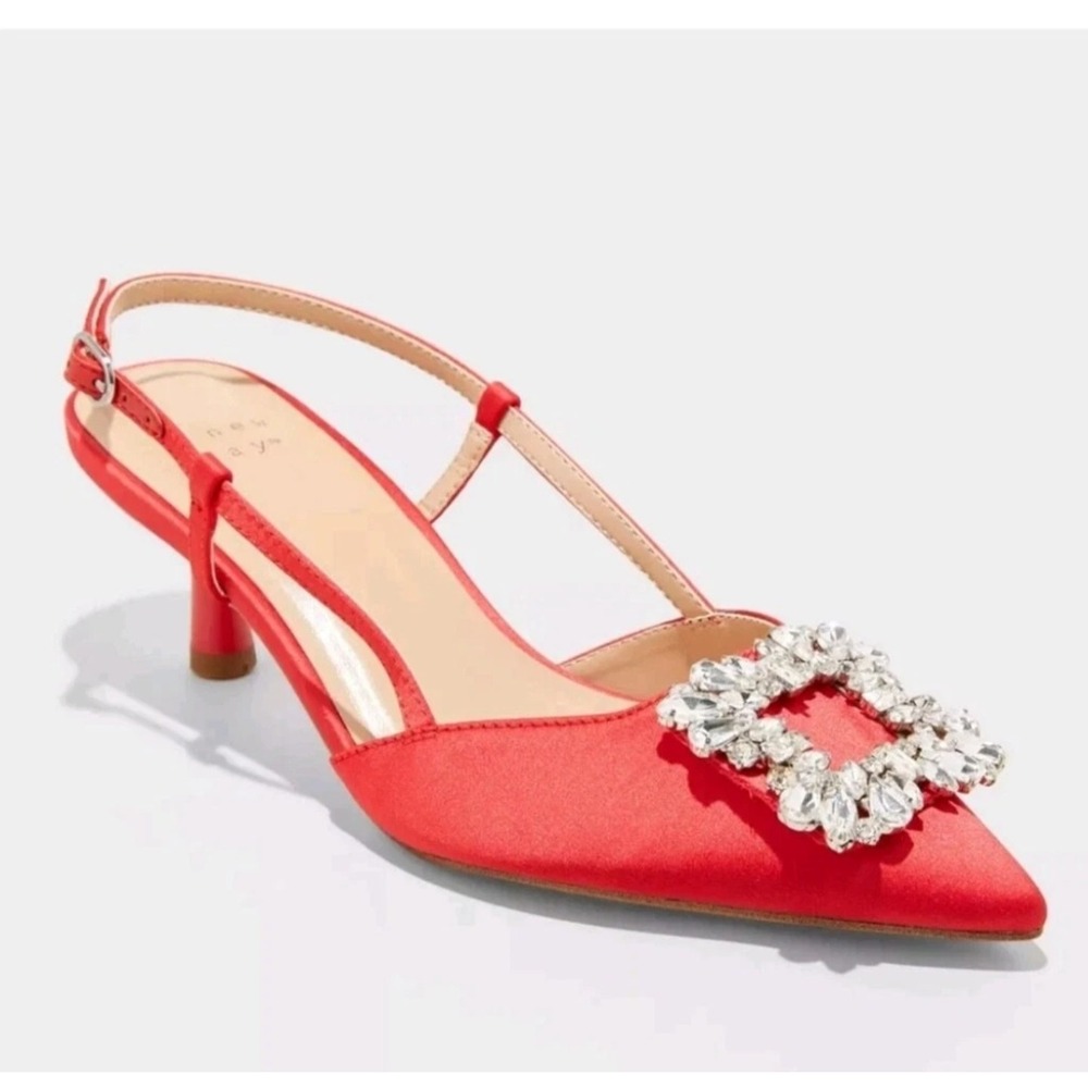 Women's Annette Satin Slingback Heels With Memory Foam Insole 6 Crystal‎ Buckle